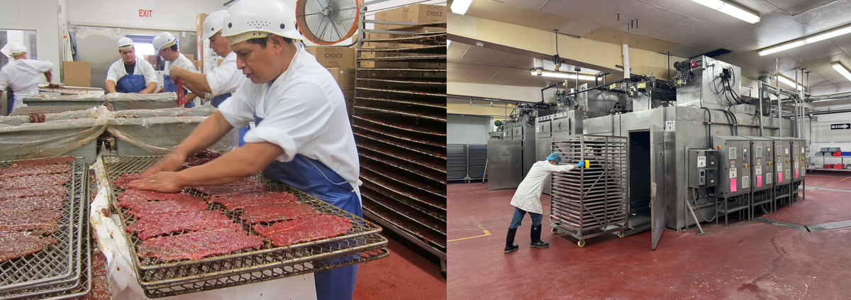 Slicing lean beef, seasoning with chile, and loading it into a large dehydrator/oven