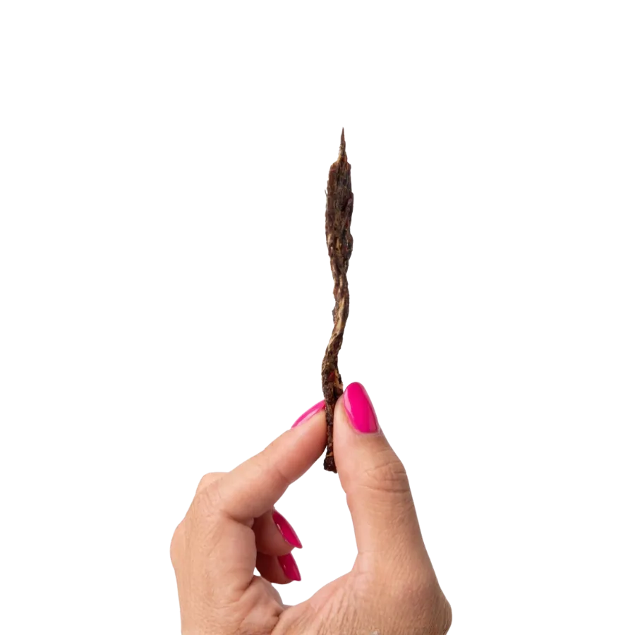 Hand holding GrazeOn beef jerky crisps