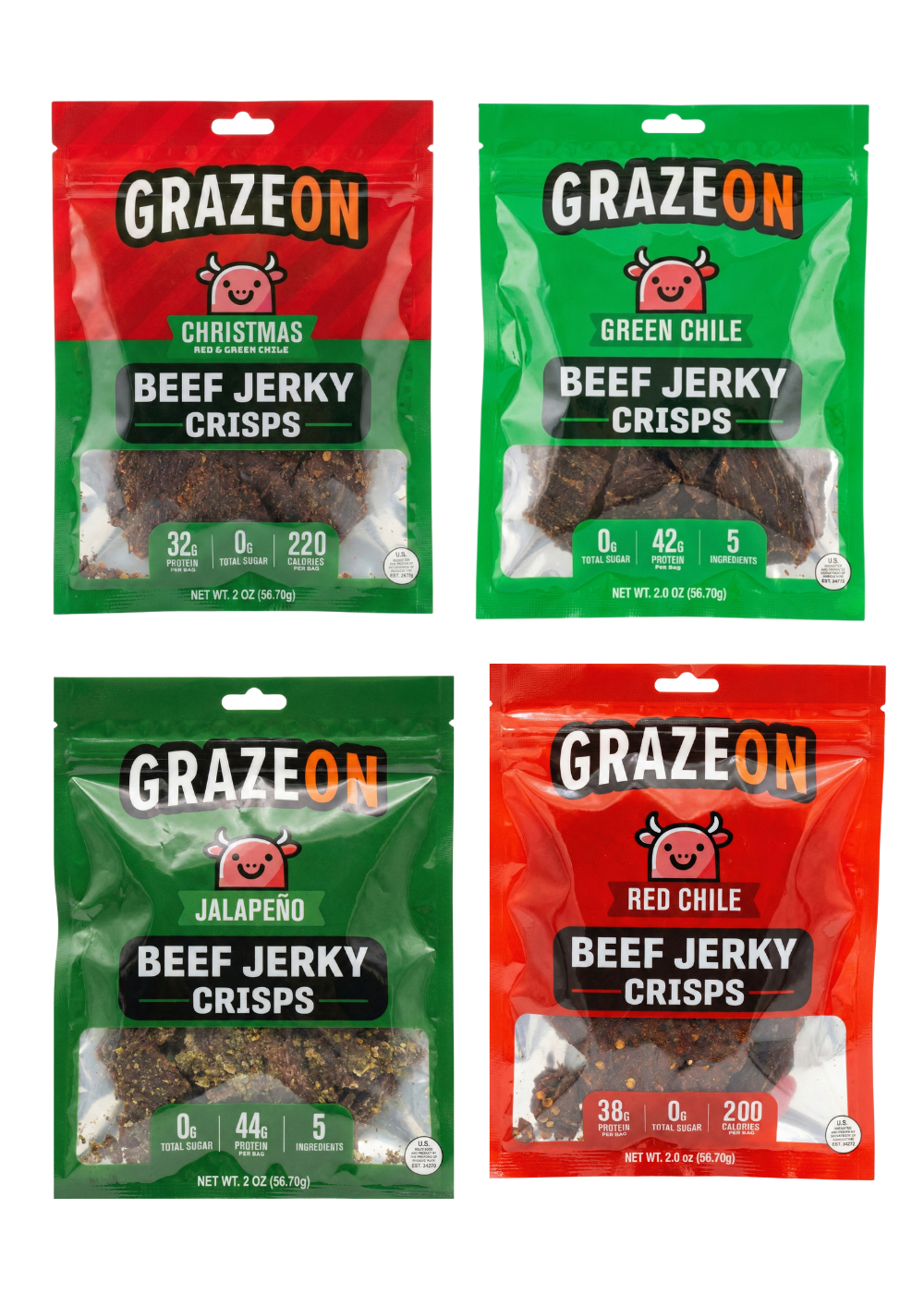 Four packages of GrazeOn beef jerky crisps in different flavors on a white background.