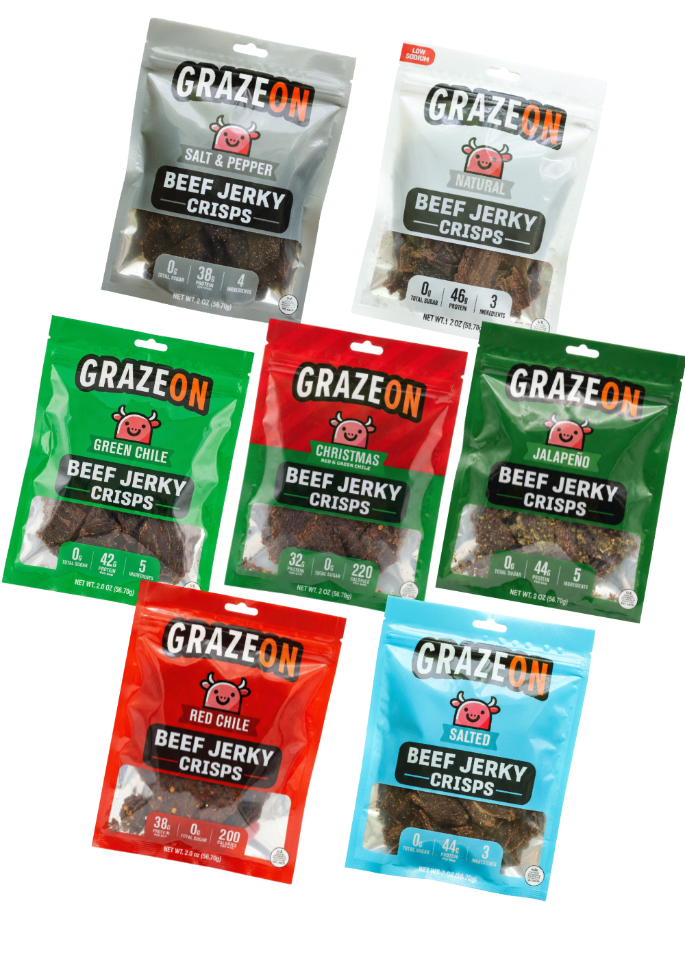 Assorted packages of GrazeOn beef jerky crisps in various flavors on a white background.