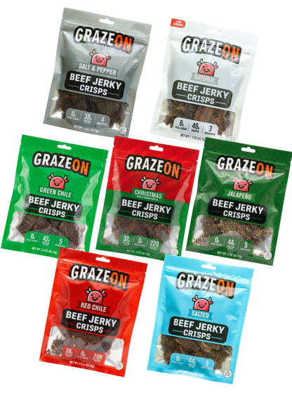 Assorted packages of GrazeOn beef jerky crisps in various flavors on a white background.