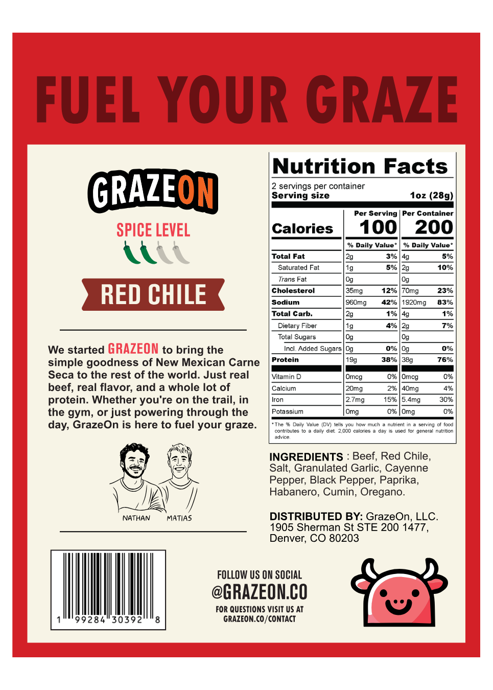 GrazeOn Red Chile snack package with nutrition facts and branding details.
