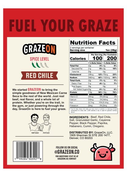 GrazeOn Red Chile snack package with nutrition facts and branding details.