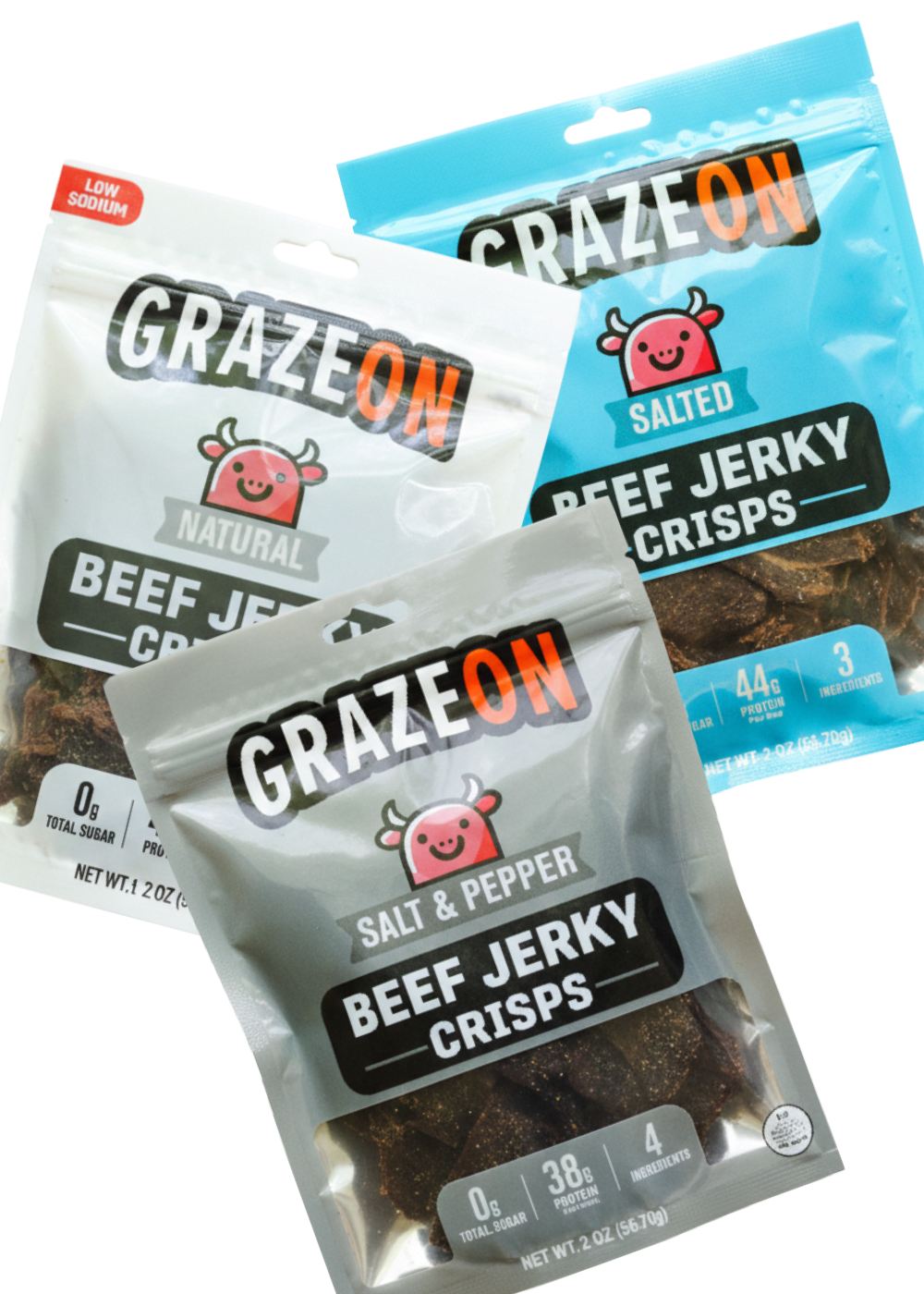 GrazeOn beef jerky crisps packages on a white background