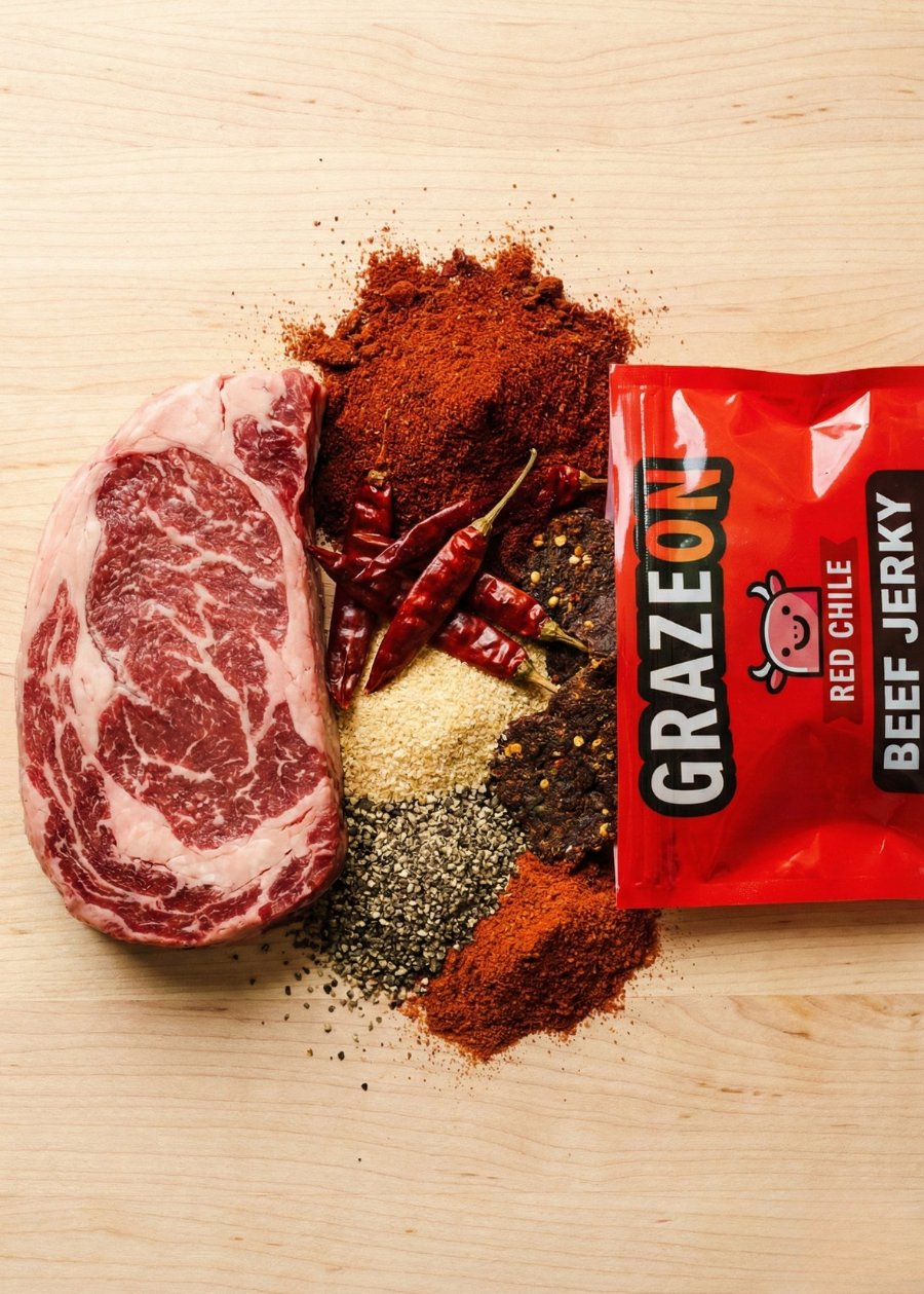 Grazeon Red Chile Beef Jerky packaging with raw beef, spices, and red chili peppers on a wooden surface.