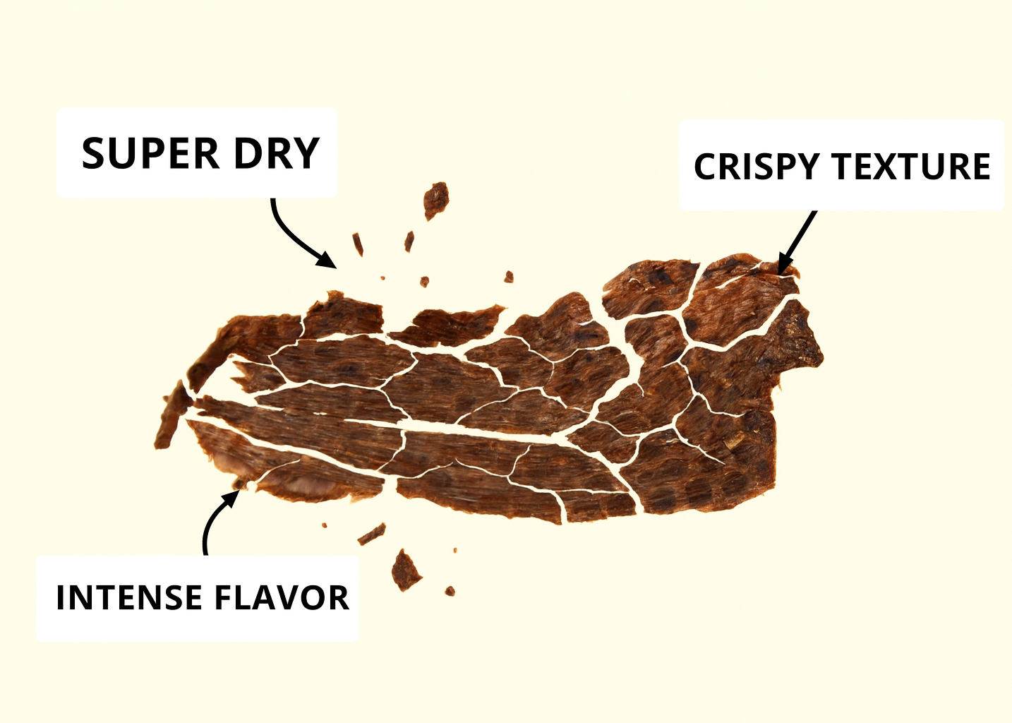 Illustration of dried meat with text labels on a beige background