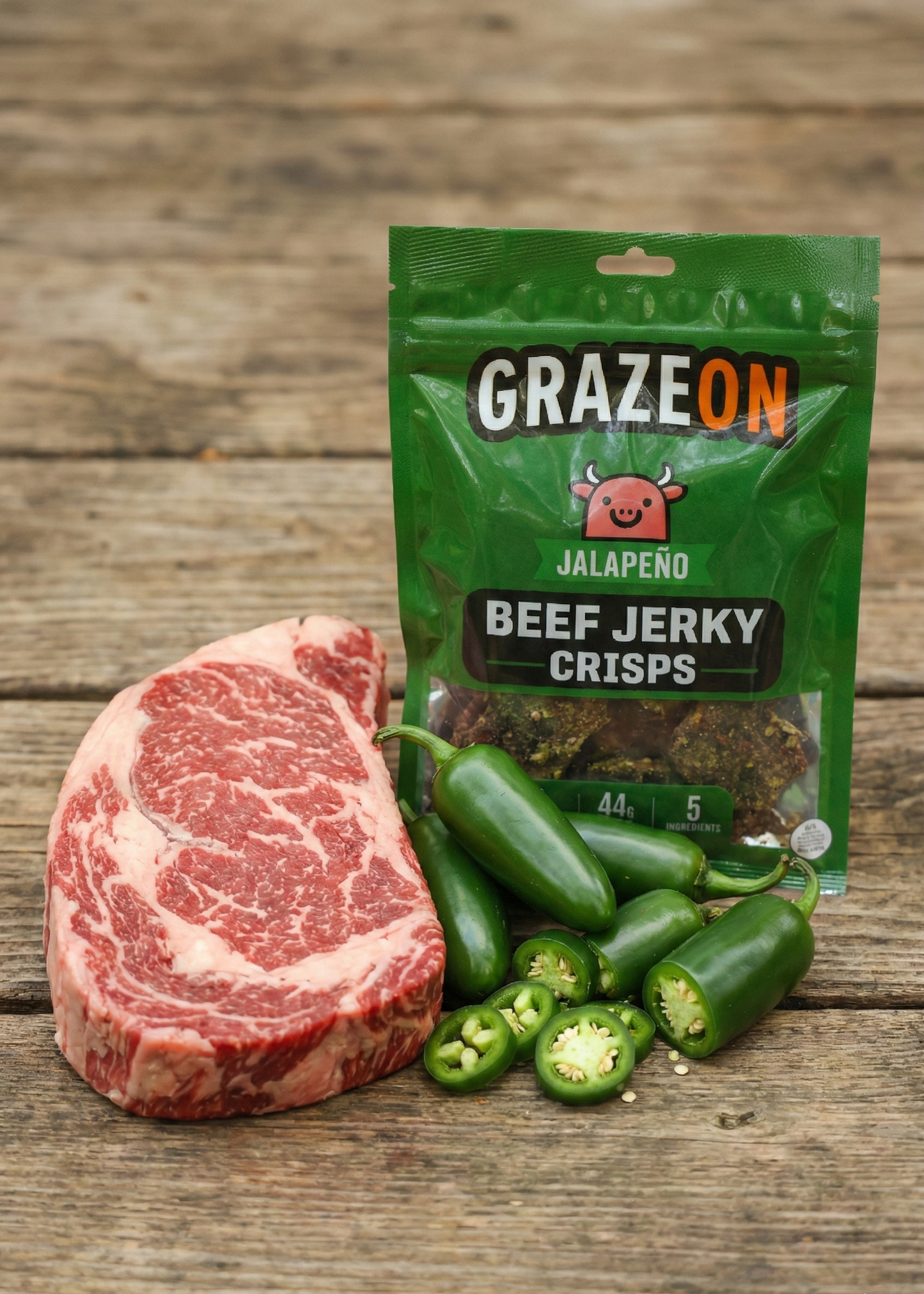 GrazeOn jalapeno beef jerky crisps packaging with a steak and jalapenos on a wooden surface