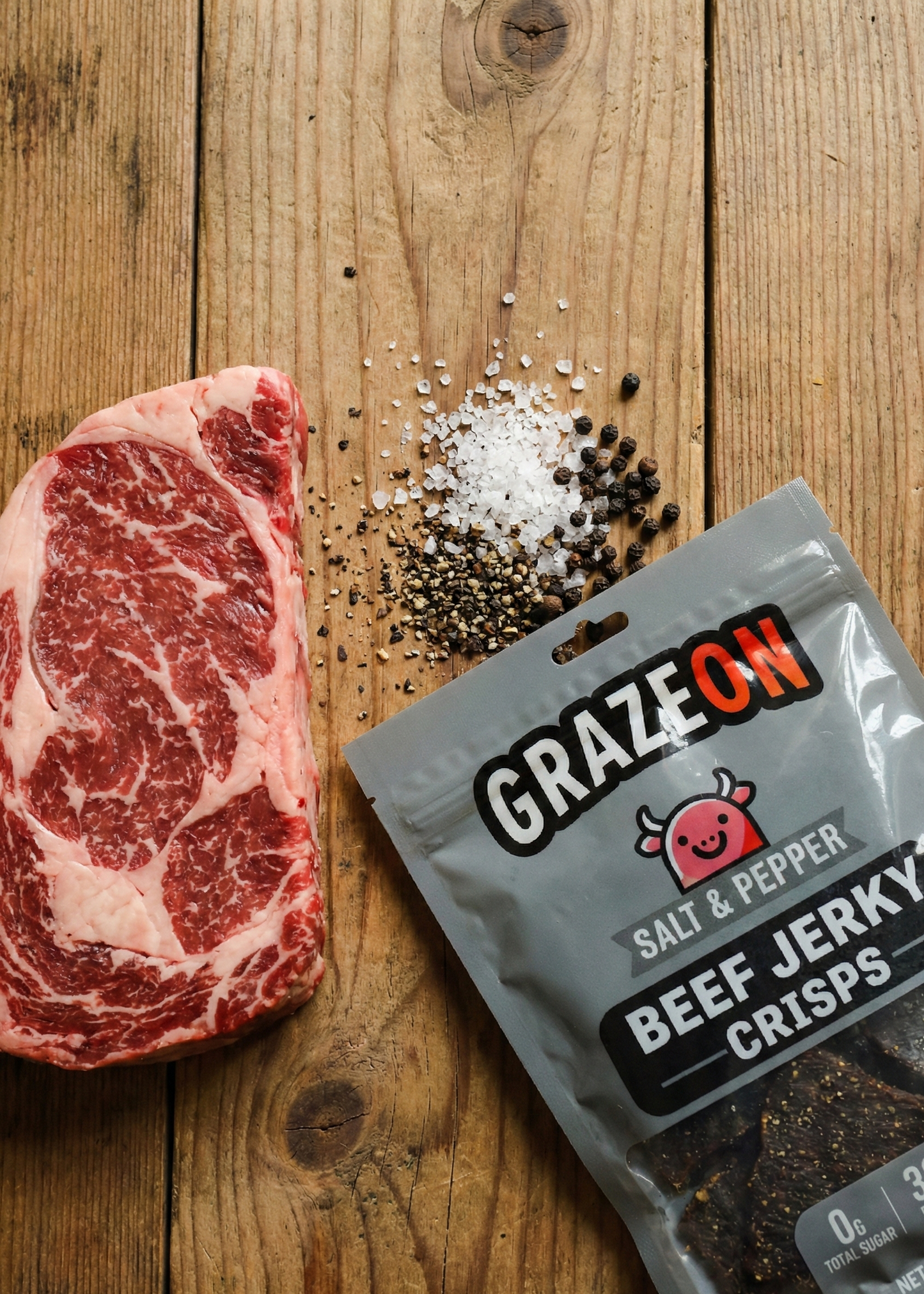 GrazeOn Salt and Pepper Beef Jerky Crisps- High Protein, No Sugar, Crunchy Air-Dried Meat Snack, All-Natural - 2.0 oz
