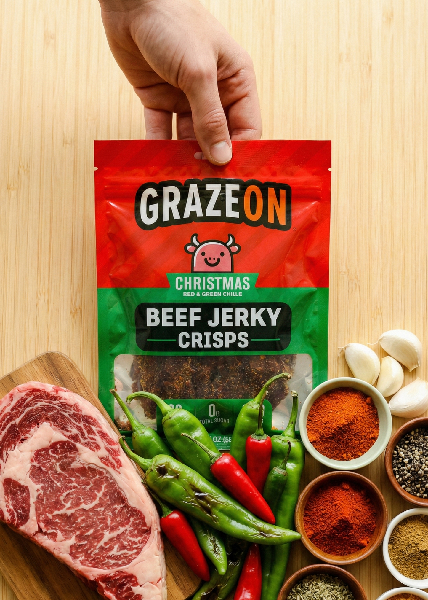 GrazeOn beef jerky crisps packaging with ingredients on a wooden board