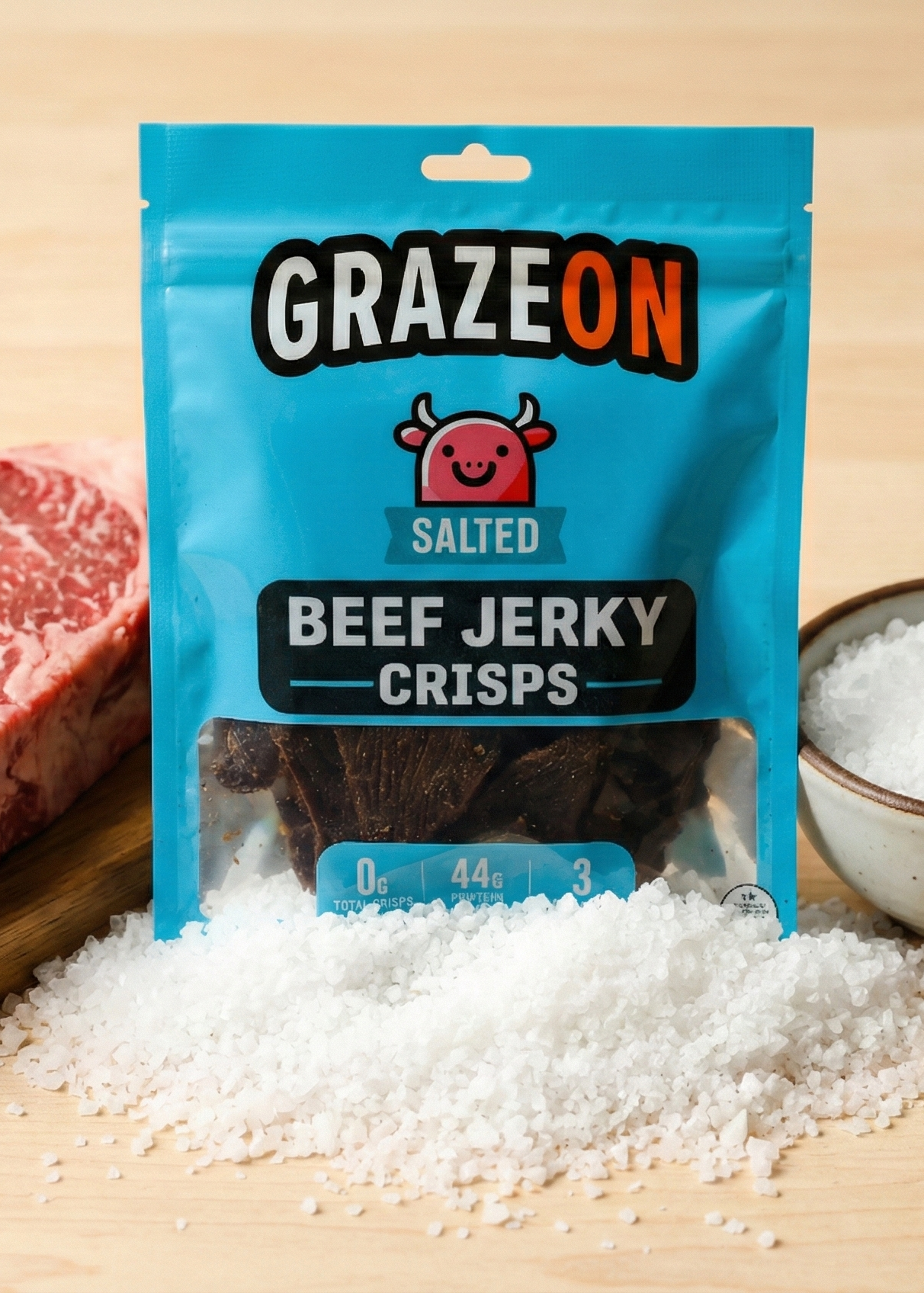 GrazeOn beef jerky crisps packaging with raw beef and salt on a wooden surface