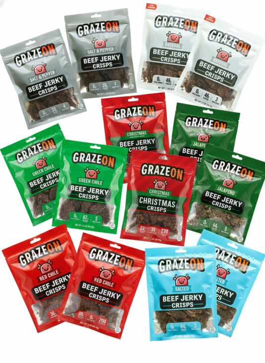 Max Value - 7 Flavor Variety Pack of GrazeOn Beef Jerky Crisps- High Protein, No Sugar, Crunchy Air-Dried Meat Snack, All-Natural - 14 x 2.0 oz Bags