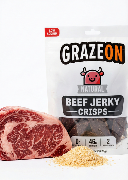 GrazeOn beef jerky crisps packaging with a raw steak and spices on a white background