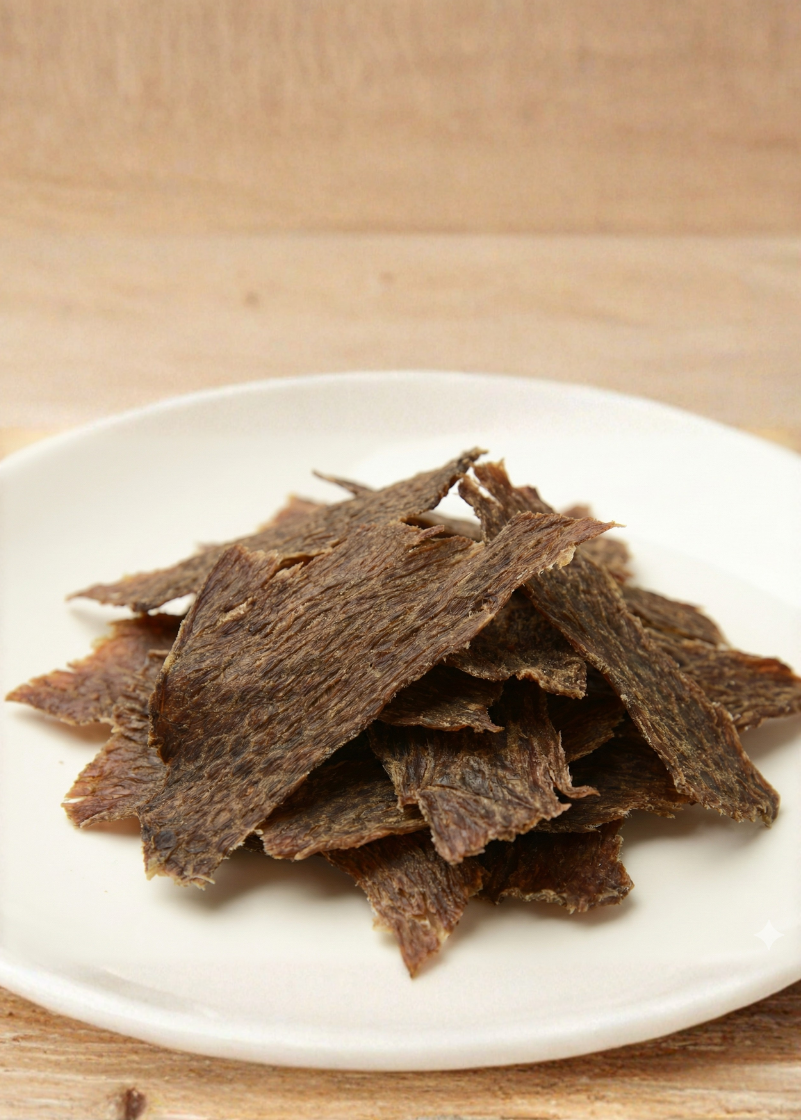 Dried beef jerky on a white plate with a wooden background