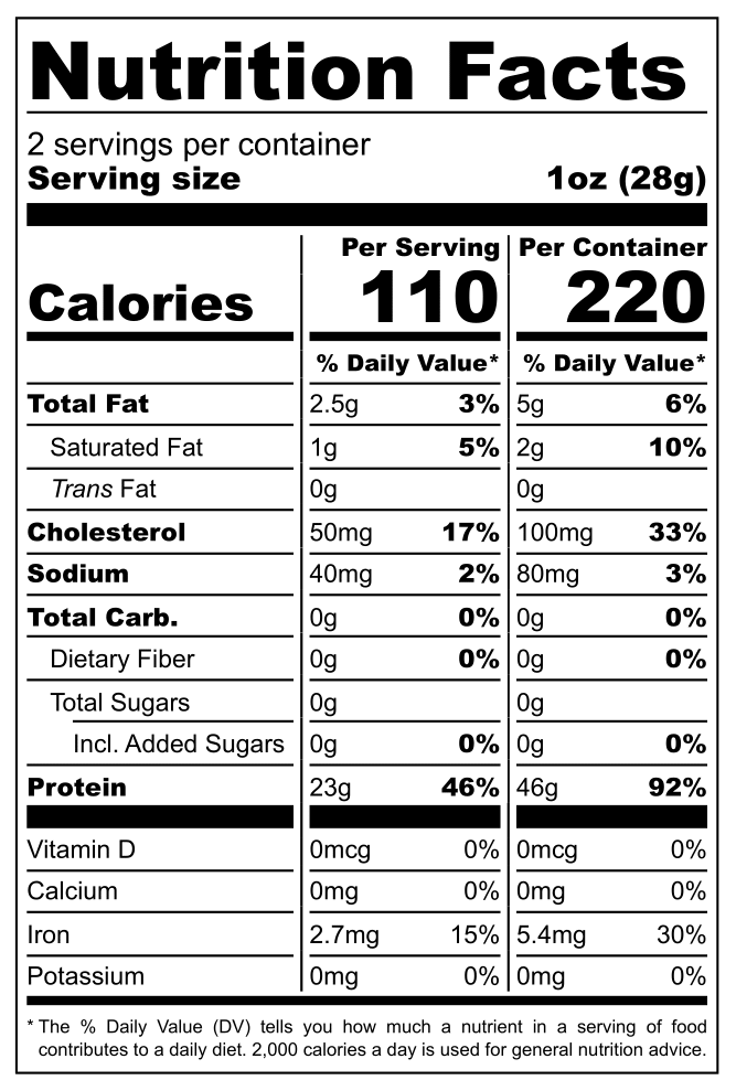 Nutrition facts label for a food product with serving size, calories, and nutritional content per serving.