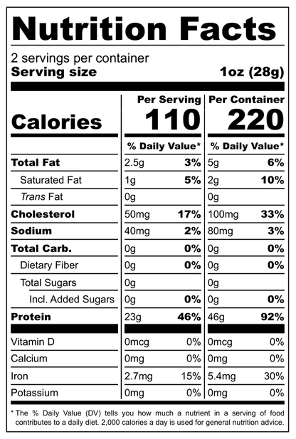 Nutrition facts label for a food product with serving size, calories, and nutritional content per serving.