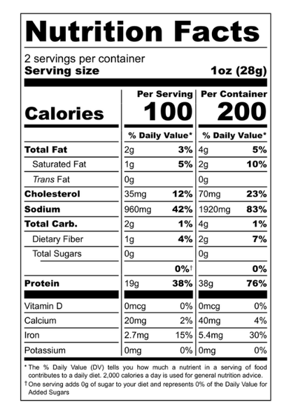 Nutrition facts label for a food product with serving size, calories, and nutritional content per serving.