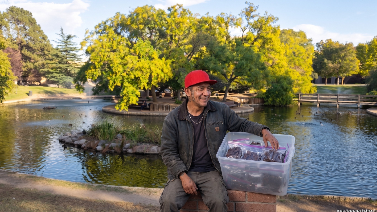 Man selling carne seca at the UNM Duck Pond, Albuquerque